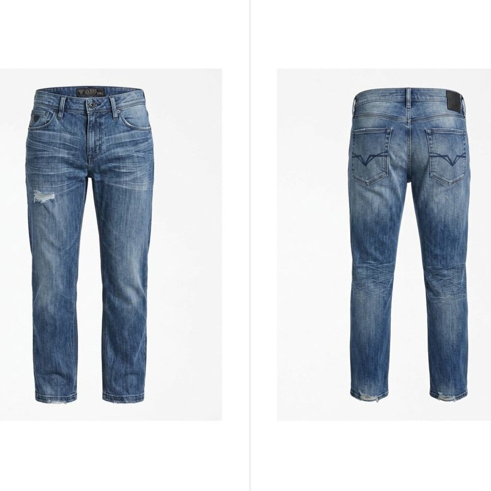 Guess Blue Distressed Medium Wash Straight Leg Jeans Men Size W30 L30